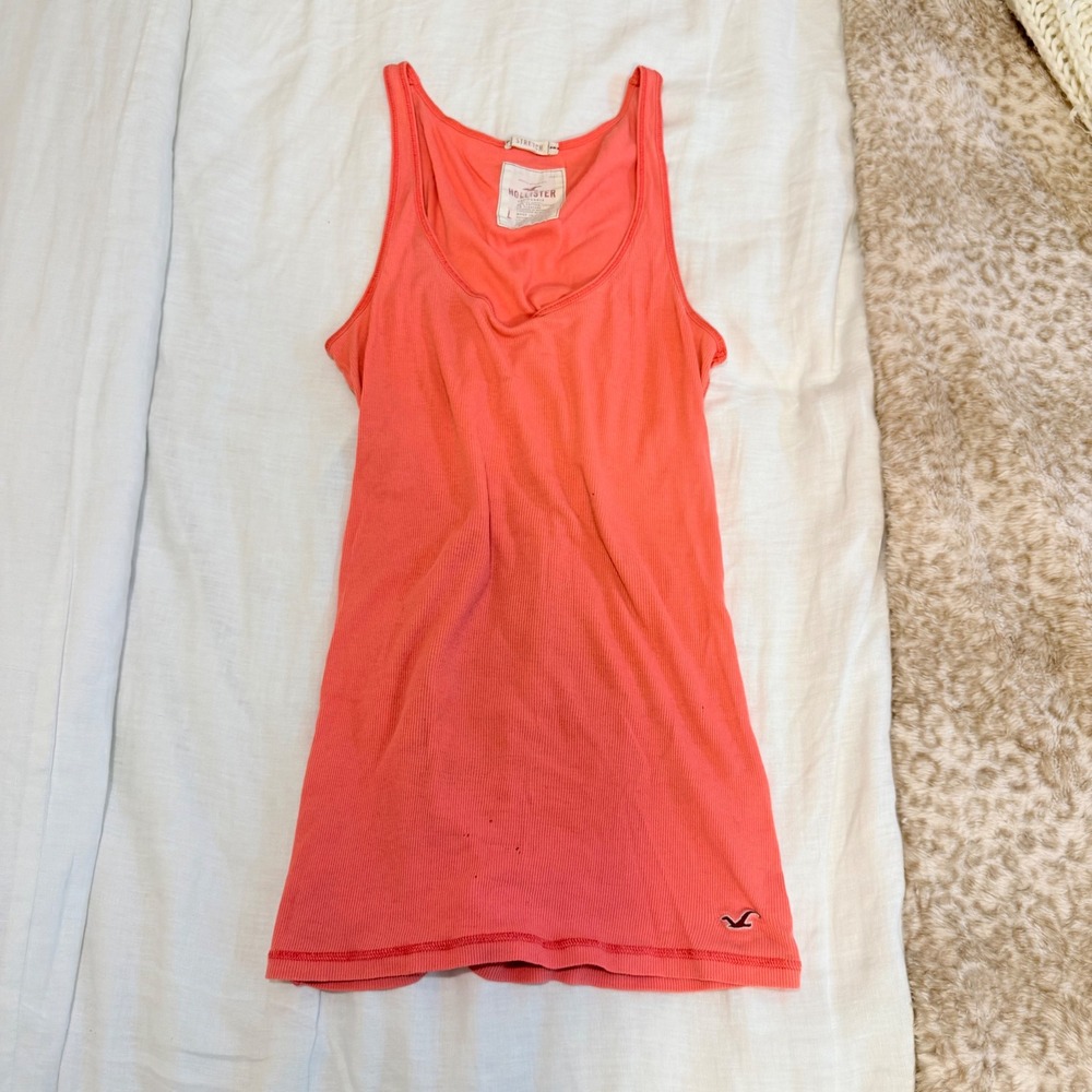 Hollister Ribbed Tank Top Coral Pink Scoop Neck Logo Stretch Y2K Large